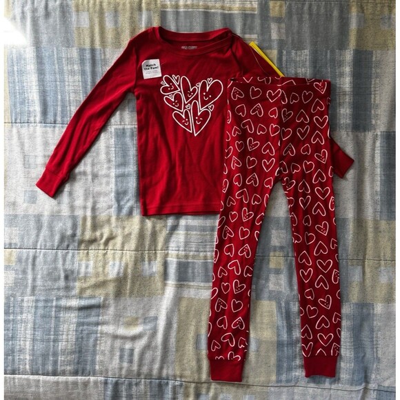 Old Navy Red Valentines Romper Long Sleeve Hearts + Bottom One Set Sz 5T - Picture 1 of 10
